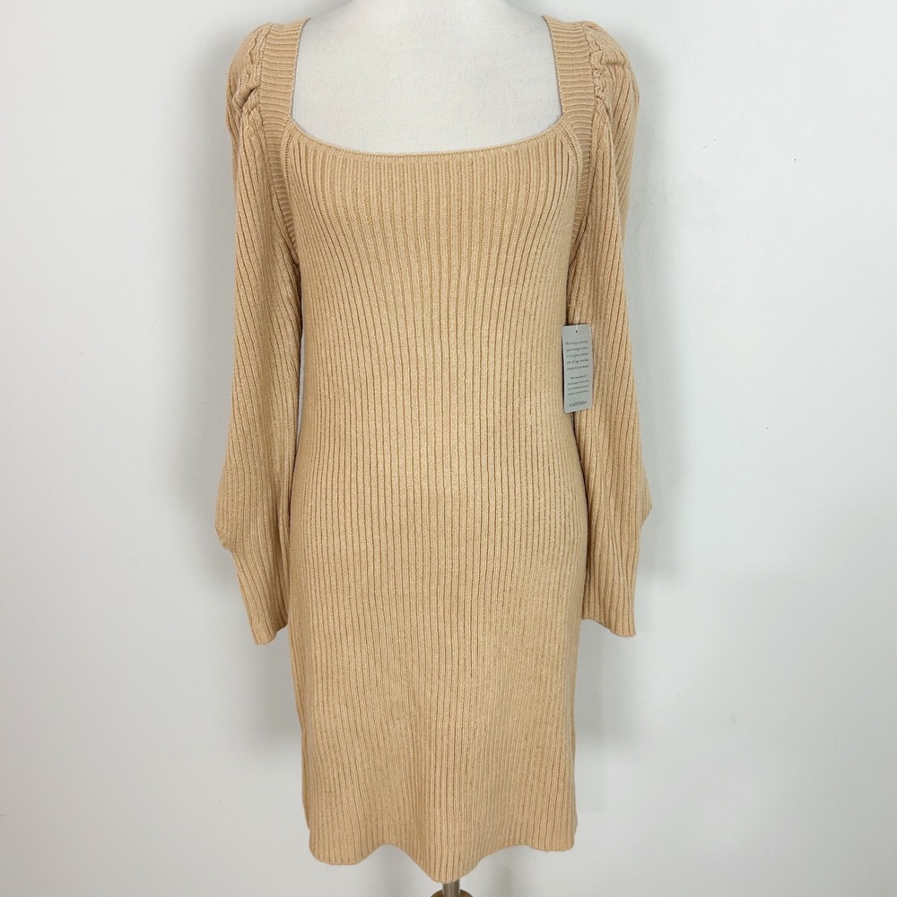 New WAYF Sweater Dress Camel Ribbed Knit Square Neck Tie Back Size Medium Women